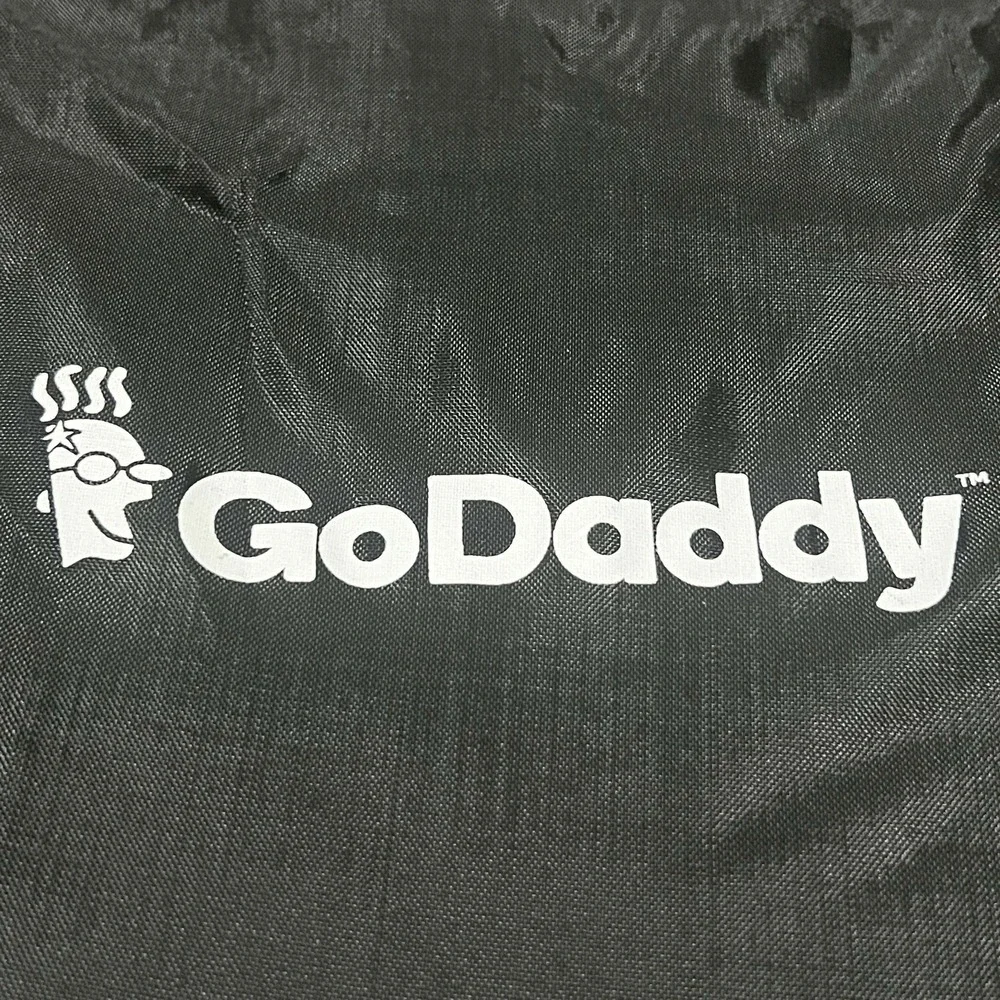GoDaddy Black Drawstring Bag Backpack Travel Office Casual Nerd Website Tech EUC